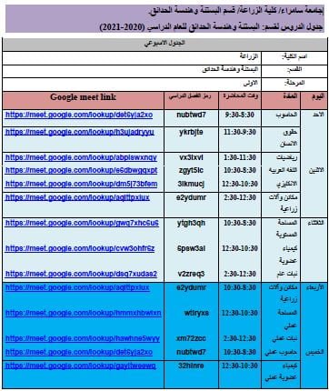جدول الدروس لقسم: البستنة وهندسة الحدائق والمحاصيل الحقلية الكورس الاول للعام الدراسي  2020 – 2021