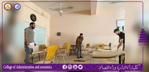 تهيئة قاعات وحدائق ومرافق الكلية استعداداً لأداء امتحانات الدور الثاني للكورسين الاول والثاني.