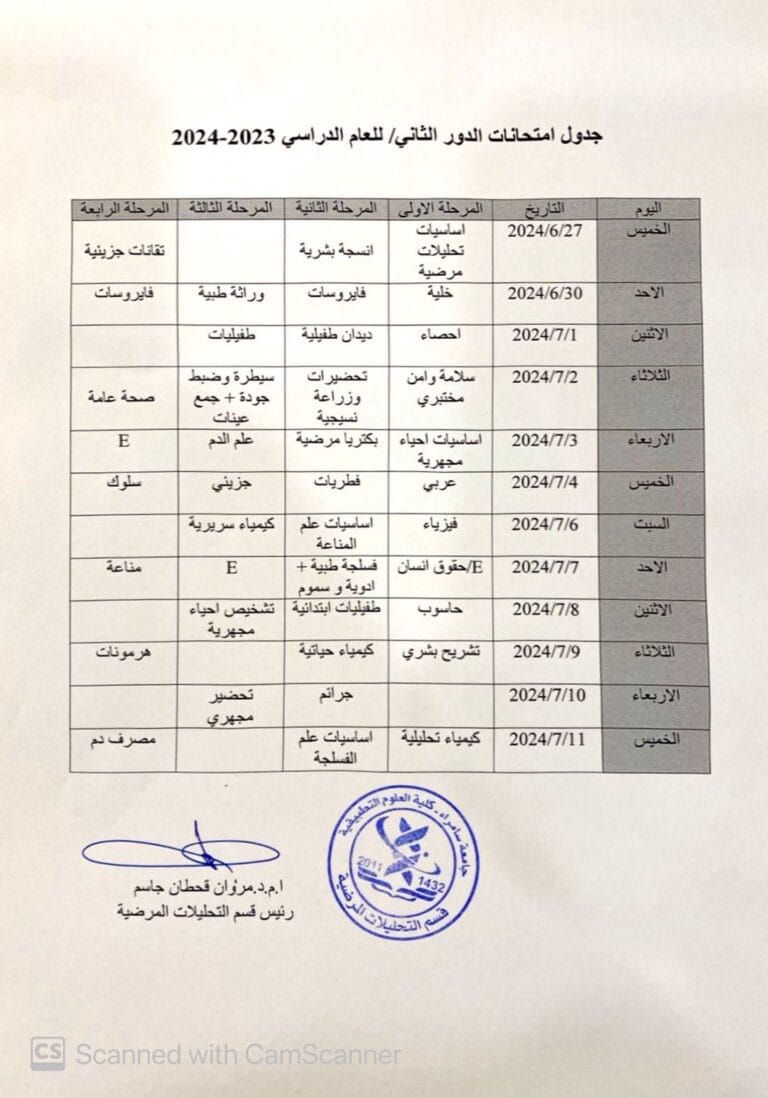 جدول امتحانات الدور الثاني قسم التحليلات المرضية العام الدراسي ٢٠٢٣-٢٠٢٤