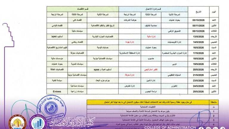 تعلن كلية الإدارة والاقتصاد عن جدول الإمتحانات النهائية للدراسات الاولية – الكورس الثاني للمراحل كافة عدا (المرحلة الاولى) للعام الدراسي 2025-2026 للدراستين الصباحية والمسائية.